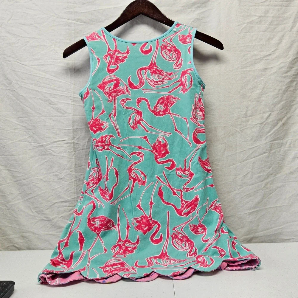 Three Friends Reversible Dress Kids Size 14 Teal Pink Flamingo Palm Tree Scallop